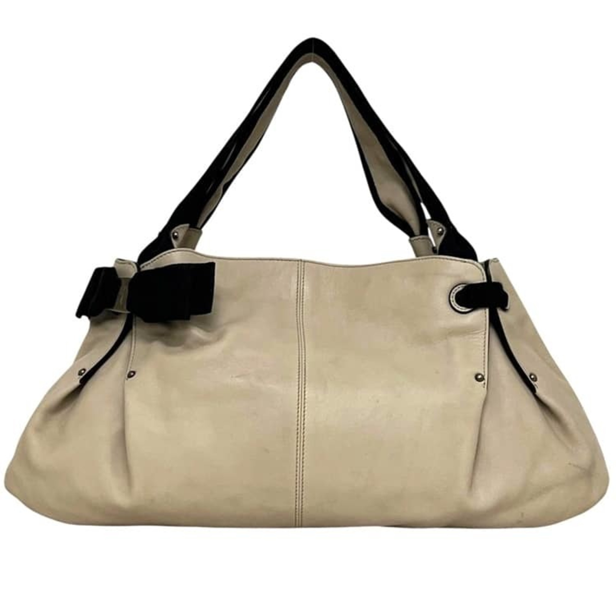 Salvatore Ferragamo Tote Bag, Beige & Black, Vara Dy-21 B541, Leather, Ribbon...